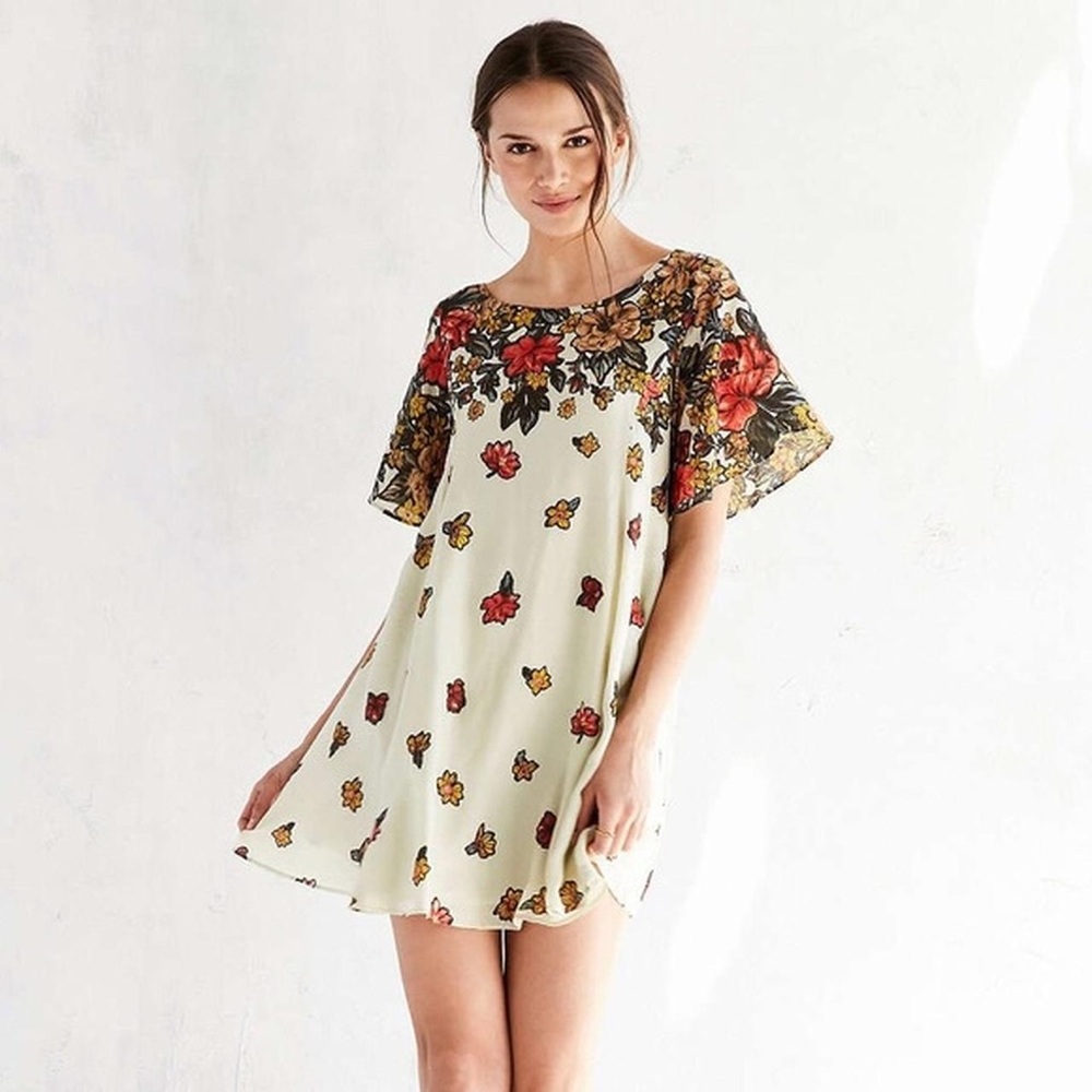 Kimchi Blue Floral Mini Dress in Cream with Red & Yellow Accents